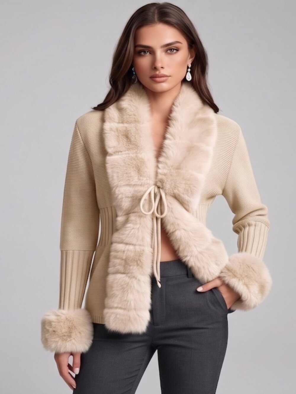 Luxe Faux Fur Trim Knit Cardigan Sweater with Tie Front in Cream